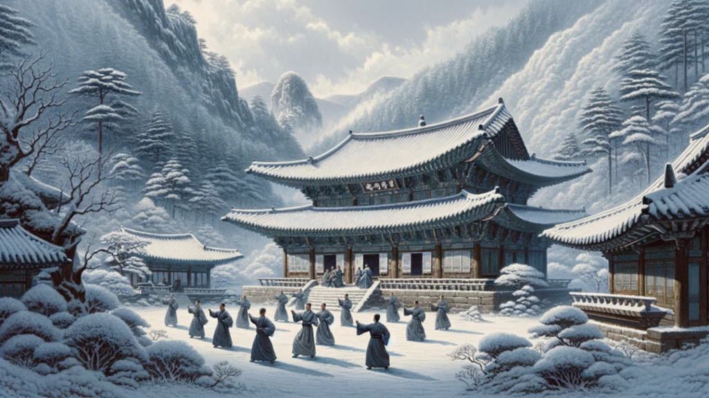 Buddhist temple of practicing monks in a tranquil winter atmosphere. 